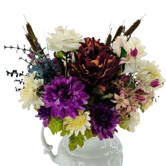 Artificial Flower Purple Pink Multi Bouquet Roses Mums Hydran Cattail Clematis - Picture 4 of 16